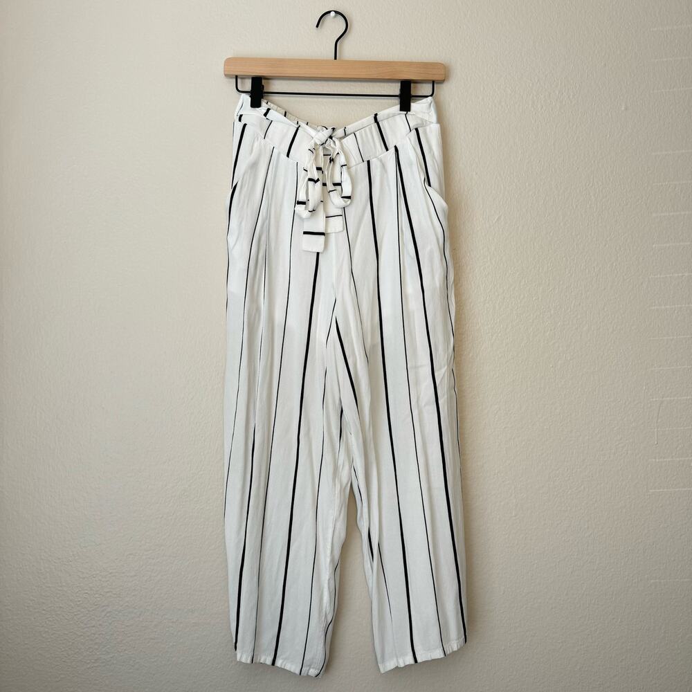 Leith Women's White Striped Loose Flowy Pants Belt Tie Wide Leg Size Medium